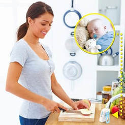 Infant Optics monitor used by mother while cooking..